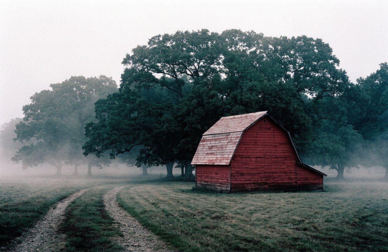 A red mini barn standing in an open grass field beside a wooden fence line