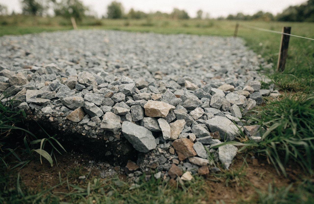 A compacted gravel pad prepared and marked out in a rural backyard