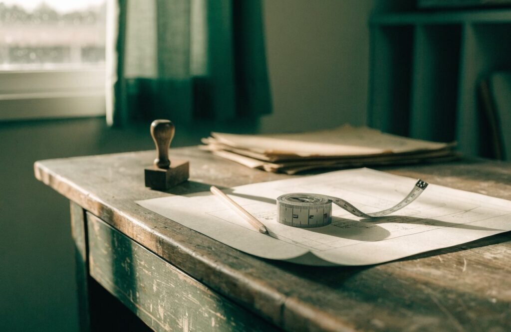 A site plan, tape measure and stamp on a wooden desk