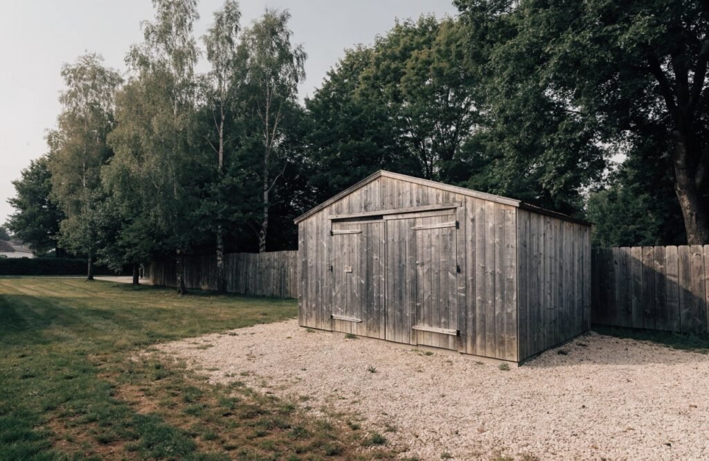 A grey storage shed on a gravel pad in a mown backyard