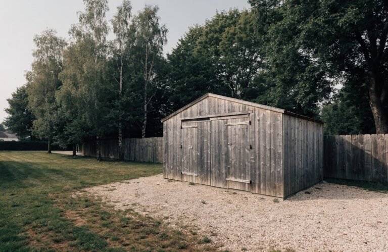 A grey storage shed on a gravel pad in a mown backyard
