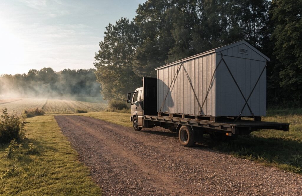 A flatbed truck carrying a strapped shed on a gravel rural driveway