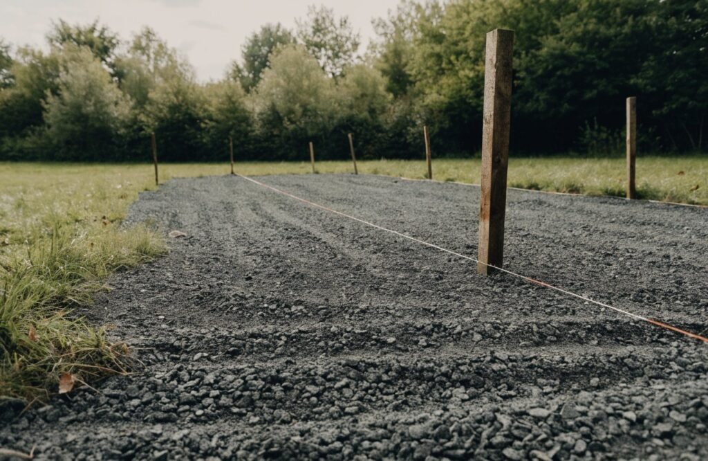 A compacted gravel pad marked out with string lines and stakes