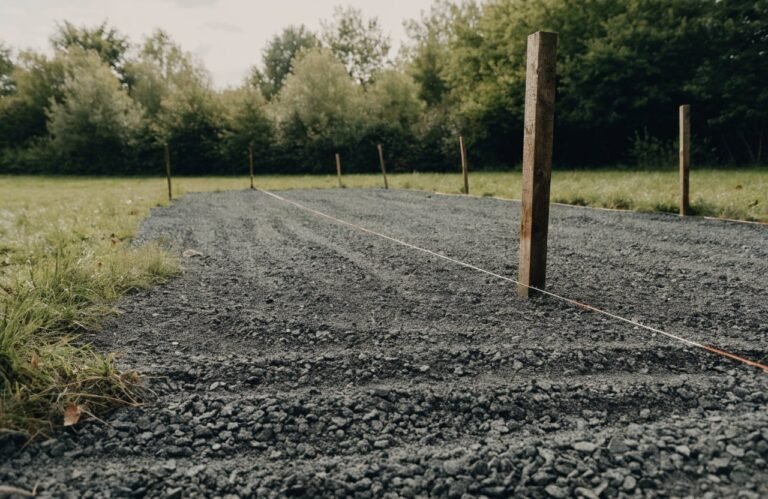 A compacted gravel pad marked out with string lines and stakes